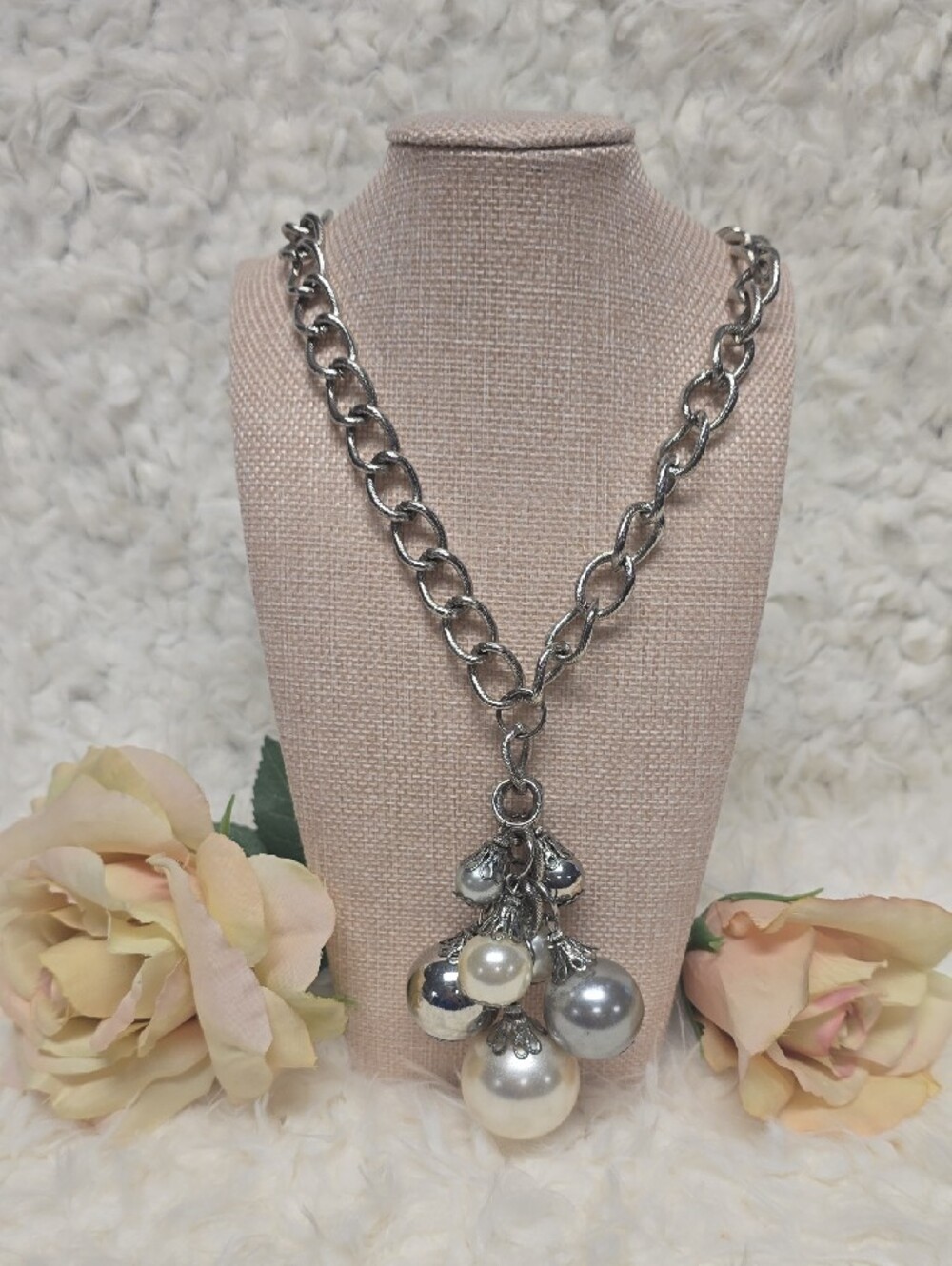 Chunky Silver Tone Faux Pearl Cluster Statement Necklace Cha-Cha Pendant